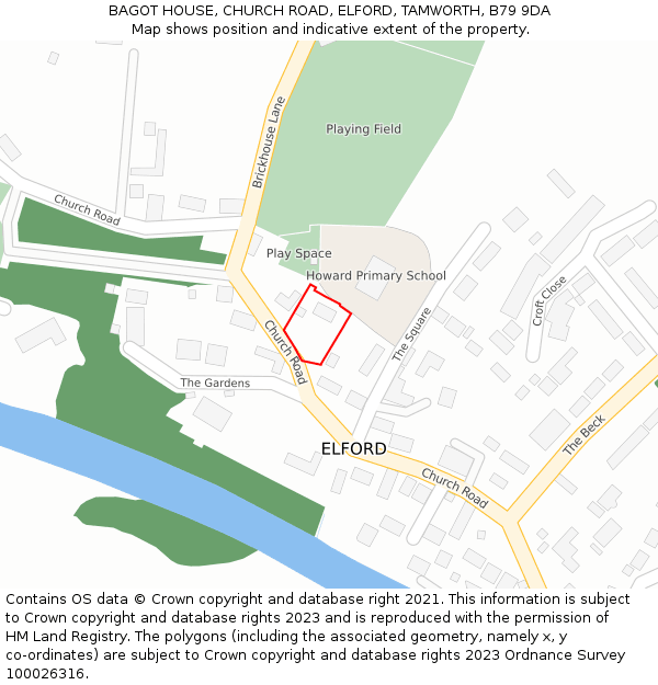 BAGOT HOUSE, CHURCH ROAD, ELFORD, TAMWORTH, B79 9DA: Location map and indicative extent of plot