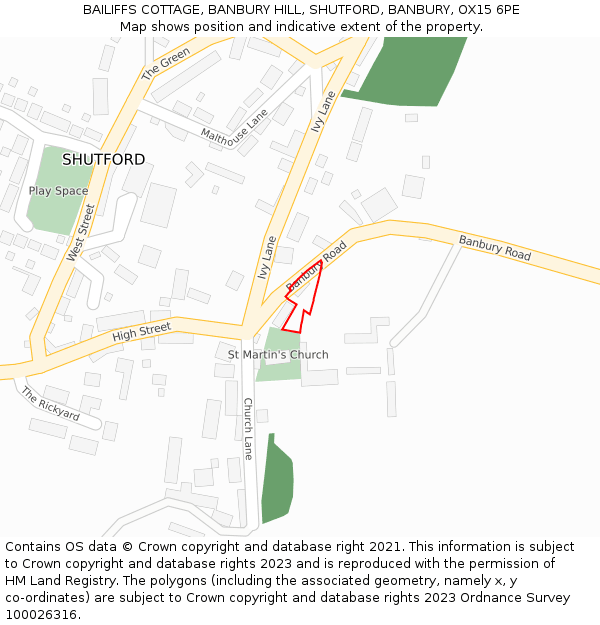 BAILIFFS COTTAGE, BANBURY HILL, SHUTFORD, BANBURY, OX15 6PE: Location map and indicative extent of plot