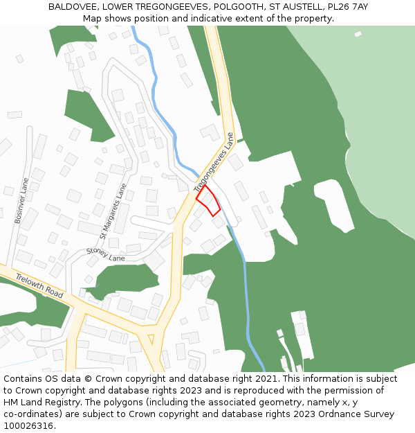 BALDOVEE, LOWER TREGONGEEVES, POLGOOTH, ST AUSTELL, PL26 7AY: Location map and indicative extent of plot