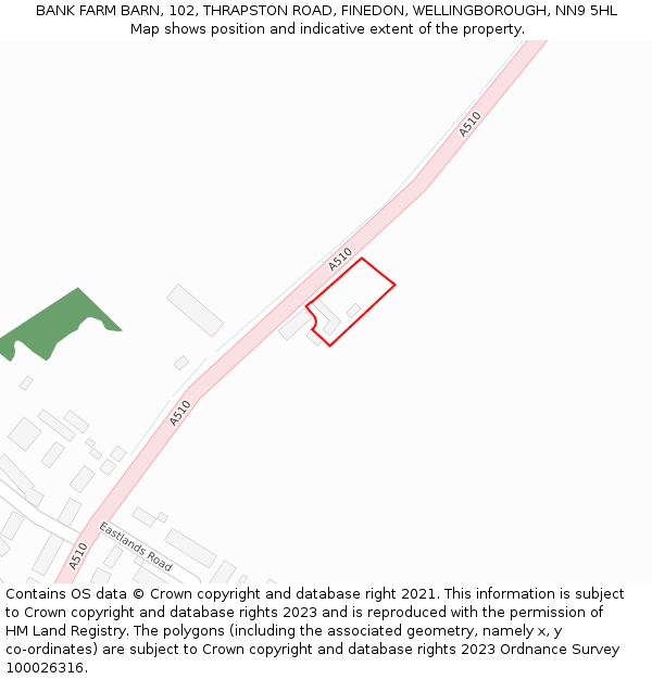 BANK FARM BARN, 102, THRAPSTON ROAD, FINEDON, WELLINGBOROUGH, NN9 5HL: Location map and indicative extent of plot