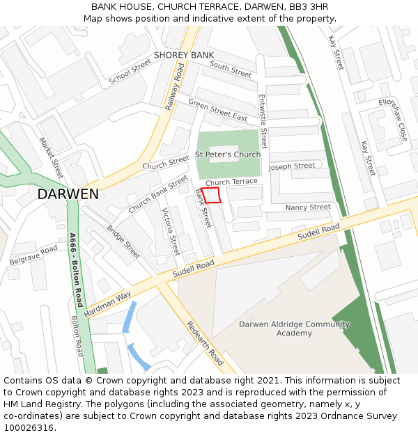 BANK HOUSE, CHURCH TERRACE, DARWEN, BB3 3HR: Location map and indicative extent of plot