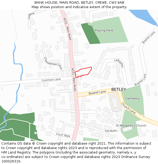 BANK HOUSE, MAIN ROAD, BETLEY, CREWE, CW3 9AB: Location map and indicative extent of plot