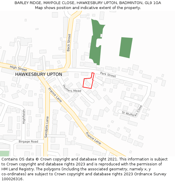 BARLEY RIDGE, MAYPOLE CLOSE, HAWKESBURY UPTON, BADMINTON, GL9 1GA: Location map and indicative extent of plot