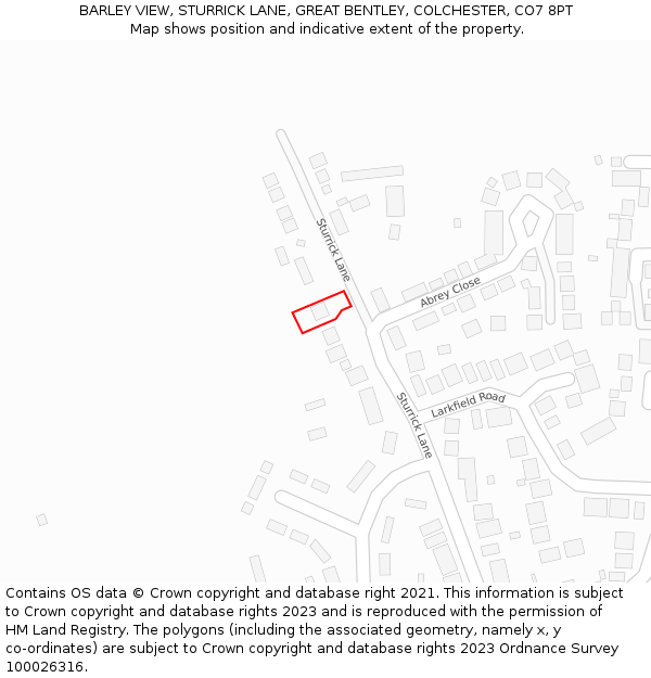 BARLEY VIEW, STURRICK LANE, GREAT BENTLEY, COLCHESTER, CO7 8PT: Location map and indicative extent of plot