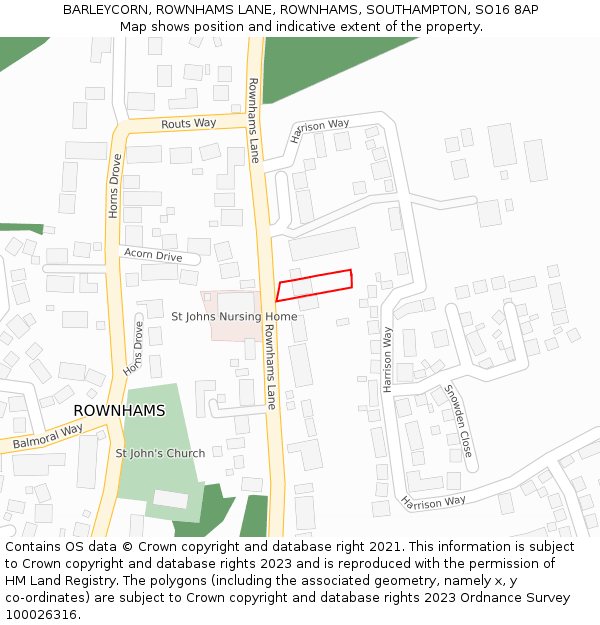 BARLEYCORN, ROWNHAMS LANE, ROWNHAMS, SOUTHAMPTON, SO16 8AP: Location map and indicative extent of plot