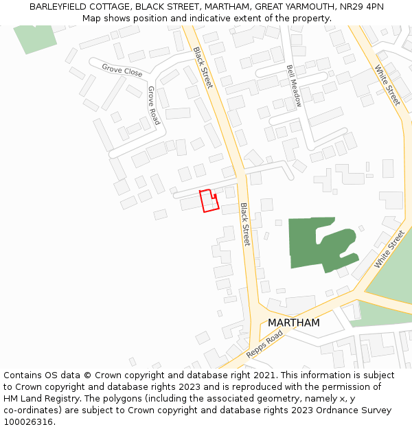 BARLEYFIELD COTTAGE, BLACK STREET, MARTHAM, GREAT YARMOUTH, NR29 4PN: Location map and indicative extent of plot