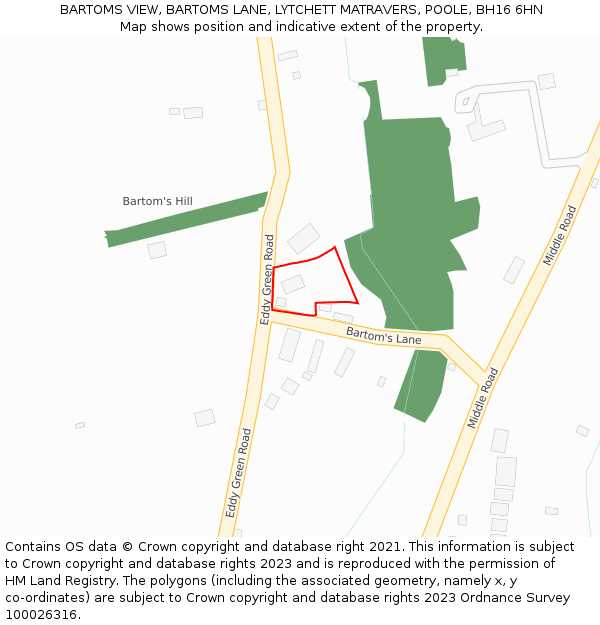 BARTOMS VIEW, BARTOMS LANE, LYTCHETT MATRAVERS, POOLE, BH16 6HN: Location map and indicative extent of plot
