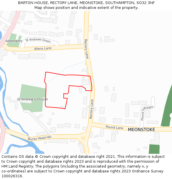 BARTON HOUSE, RECTORY LANE, MEONSTOKE, SOUTHAMPTON, SO32 3NF: Location map and indicative extent of plot