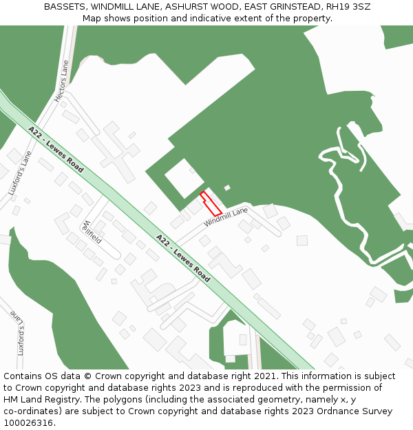 BASSETS, WINDMILL LANE, ASHURST WOOD, EAST GRINSTEAD, RH19 3SZ: Location map and indicative extent of plot