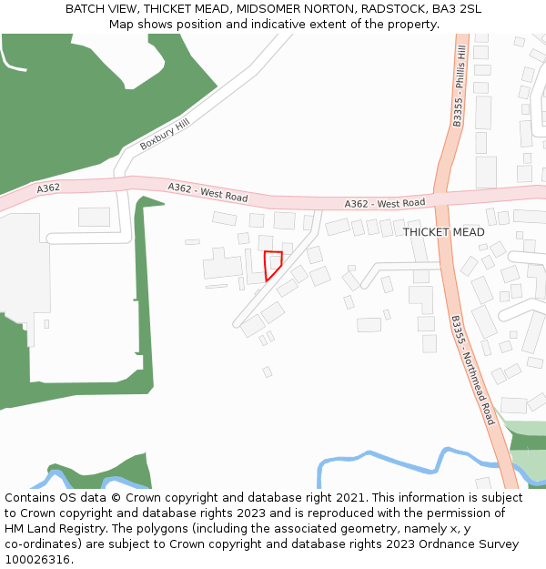 BATCH VIEW, THICKET MEAD, MIDSOMER NORTON, RADSTOCK, BA3 2SL: Location map and indicative extent of plot