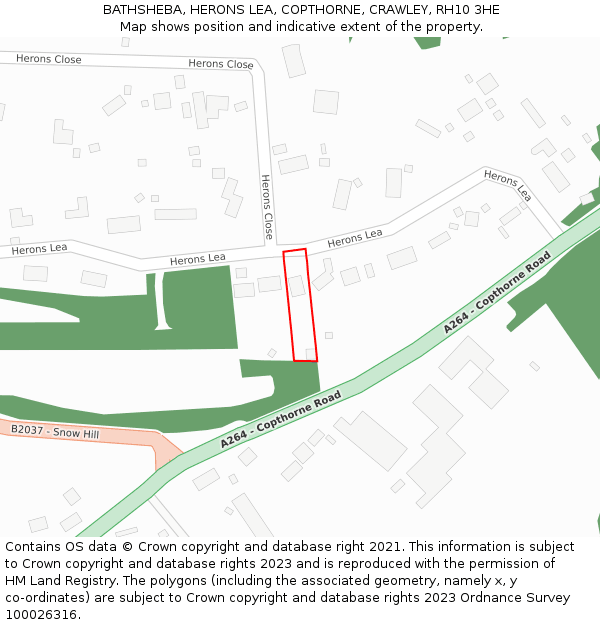 BATHSHEBA, HERONS LEA, COPTHORNE, CRAWLEY, RH10 3HE: Location map and indicative extent of plot