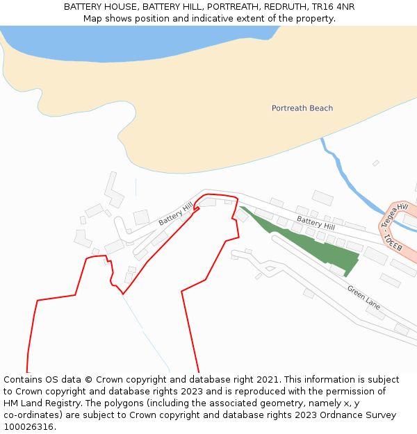 BATTERY HOUSE, BATTERY HILL, PORTREATH, REDRUTH, TR16 4NR: Location map and indicative extent of plot