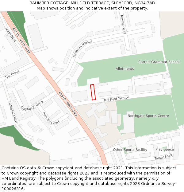 BAUMBER COTTAGE, MILLFIELD TERRACE, SLEAFORD, NG34 7AD: Location map and indicative extent of plot