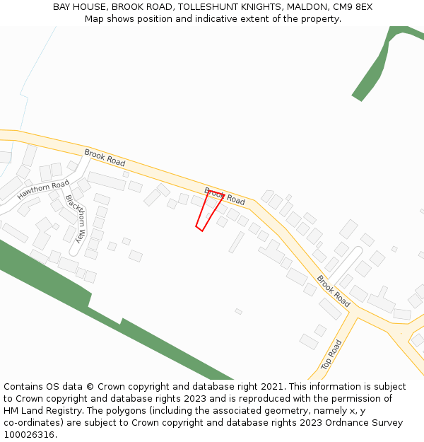 BAY HOUSE, BROOK ROAD, TOLLESHUNT KNIGHTS, MALDON, CM9 8EX: Location map and indicative extent of plot