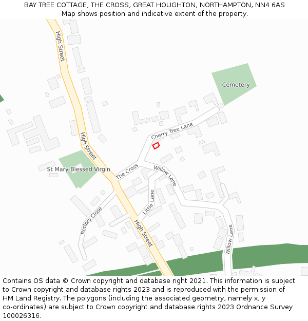 BAY TREE COTTAGE, THE CROSS, GREAT HOUGHTON, NORTHAMPTON, NN4 6AS: Location map and indicative extent of plot