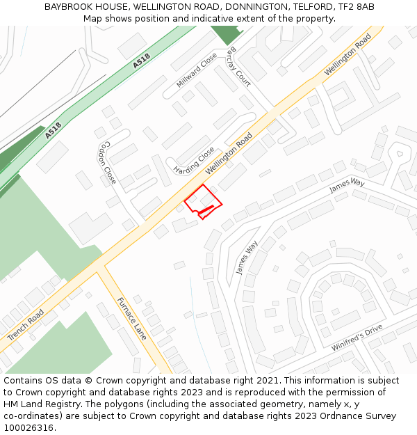 BAYBROOK HOUSE, WELLINGTON ROAD, DONNINGTON, TELFORD, TF2 8AB: Location map and indicative extent of plot