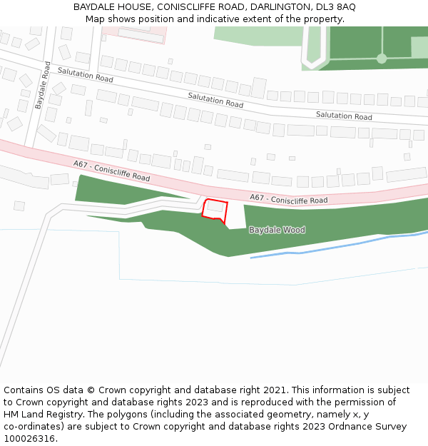 BAYDALE HOUSE, CONISCLIFFE ROAD, DARLINGTON, DL3 8AQ: Location map and indicative extent of plot