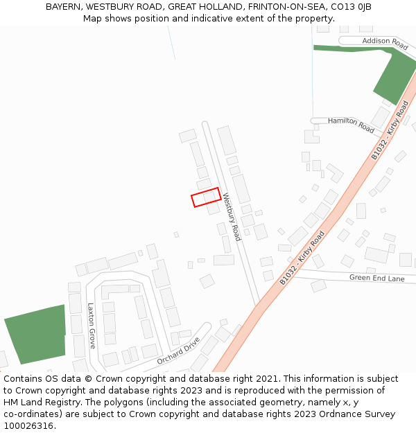 BAYERN, WESTBURY ROAD, GREAT HOLLAND, FRINTON-ON-SEA, CO13 0JB: Location map and indicative extent of plot