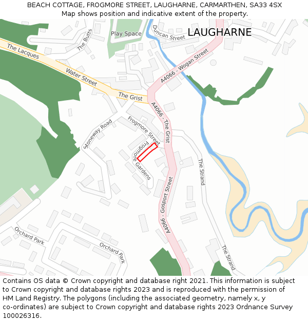 BEACH COTTAGE, FROGMORE STREET, LAUGHARNE, CARMARTHEN, SA33 4SX: Location map and indicative extent of plot