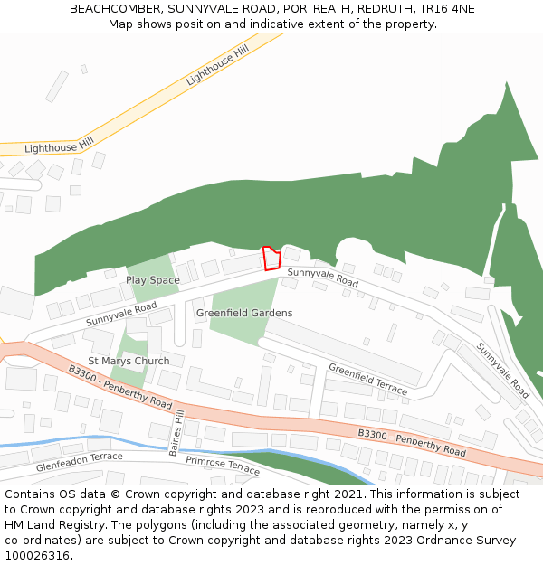 BEACHCOMBER, SUNNYVALE ROAD, PORTREATH, REDRUTH, TR16 4NE: Location map and indicative extent of plot