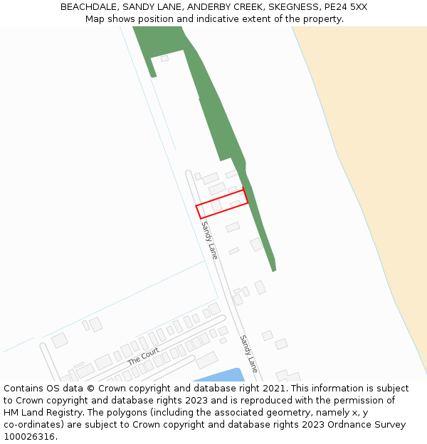 BEACHDALE, SANDY LANE, ANDERBY CREEK, SKEGNESS, PE24 5XX: Location map and indicative extent of plot