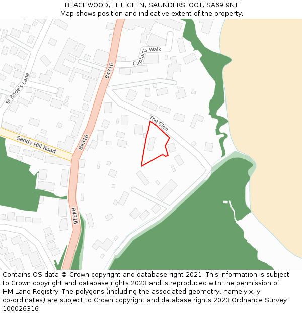 BEACHWOOD, THE GLEN, SAUNDERSFOOT, SA69 9NT: Location map and indicative extent of plot