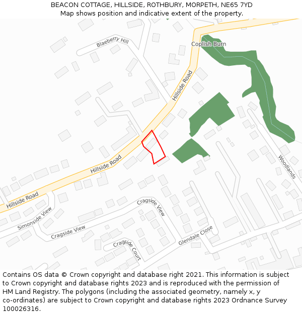 BEACON COTTAGE, HILLSIDE, ROTHBURY, MORPETH, NE65 7YD: Location map and indicative extent of plot