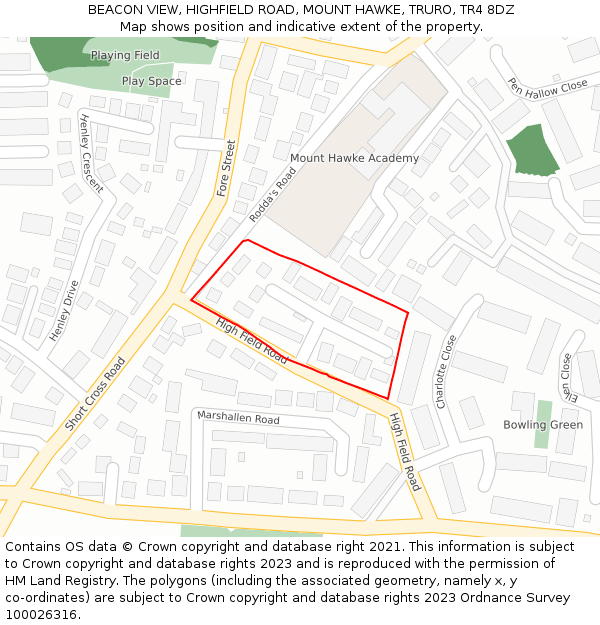 BEACON VIEW, HIGHFIELD ROAD, MOUNT HAWKE, TRURO, TR4 8DZ: Location map and indicative extent of plot