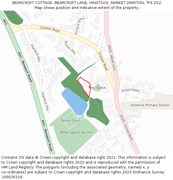 BEARCROFT COTTAGE, BEARCROFT LANE, HINSTOCK, MARKET DRAYTON, TF9 2SZ: Location map and indicative extent of plot