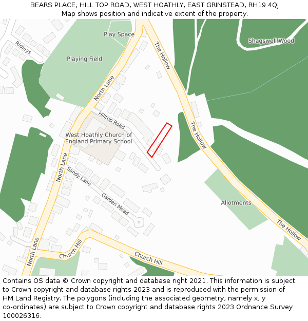 BEARS PLACE, HILL TOP ROAD, WEST HOATHLY, EAST GRINSTEAD, RH19 4QJ: Location map and indicative extent of plot