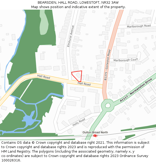 BEARSDEN, HALL ROAD, LOWESTOFT, NR32 3AW: Location map and indicative extent of plot