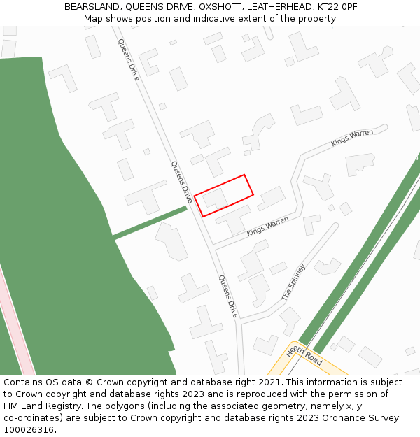 BEARSLAND, QUEENS DRIVE, OXSHOTT, LEATHERHEAD, KT22 0PF: Location map and indicative extent of plot