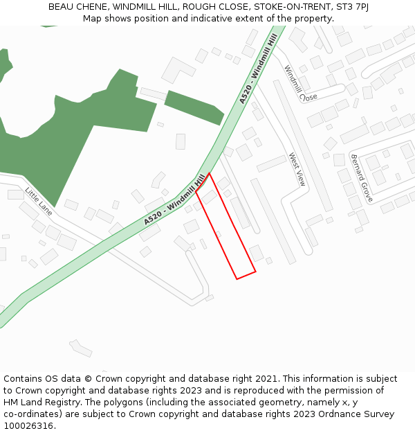 BEAU CHENE, WINDMILL HILL, ROUGH CLOSE, STOKE-ON-TRENT, ST3 7PJ: Location map and indicative extent of plot