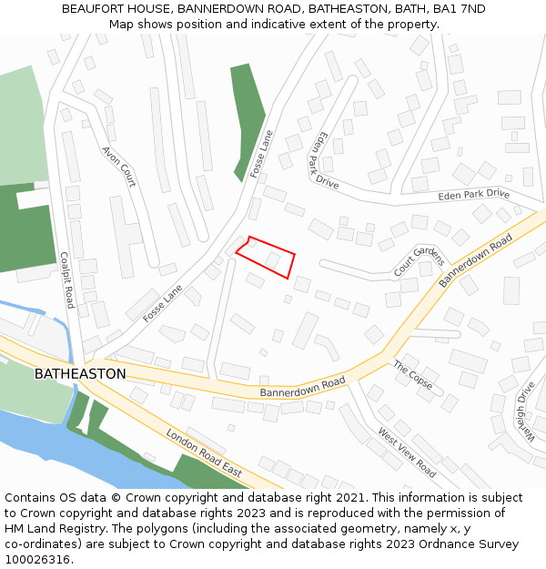 BEAUFORT HOUSE, BANNERDOWN ROAD, BATHEASTON, BATH, BA1 7ND: Location map and indicative extent of plot