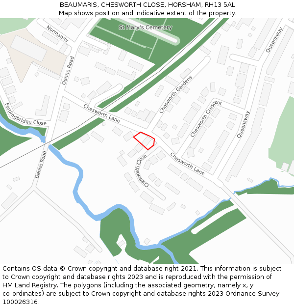 BEAUMARIS, CHESWORTH CLOSE, HORSHAM, RH13 5AL: Location map and indicative extent of plot