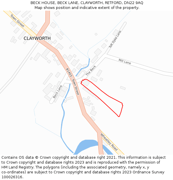 BECK HOUSE, BECK LANE, CLAYWORTH, RETFORD, DN22 9AQ: Location map and indicative extent of plot