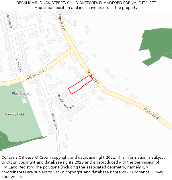 BECKHAMS, DUCK STREET, CHILD OKEFORD, BLANDFORD FORUM, DT11 8ET: Location map and indicative extent of plot