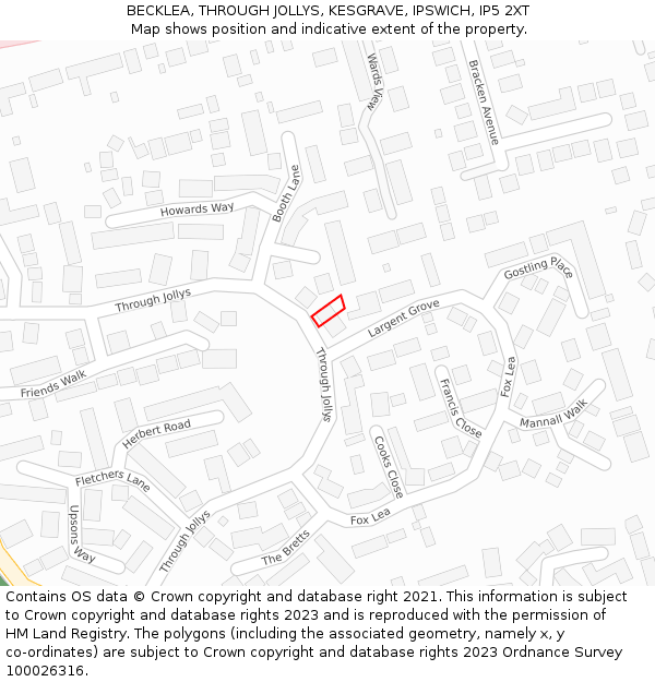 BECKLEA, THROUGH JOLLYS, KESGRAVE, IPSWICH, IP5 2XT: Location map and indicative extent of plot