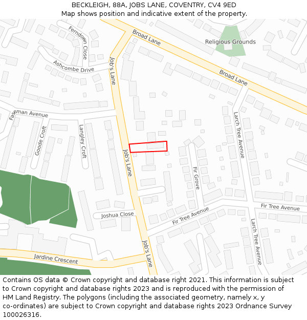 BECKLEIGH, 88A, JOBS LANE, COVENTRY, CV4 9ED: Location map and indicative extent of plot