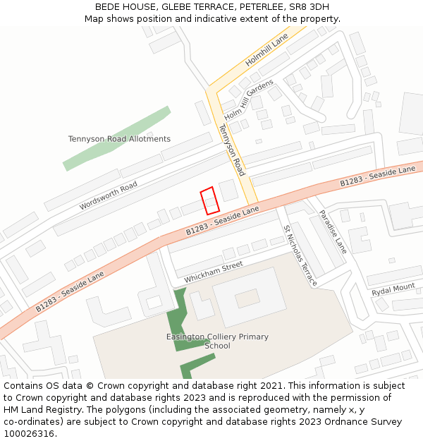 BEDE HOUSE, GLEBE TERRACE, PETERLEE, SR8 3DH: Location map and indicative extent of plot