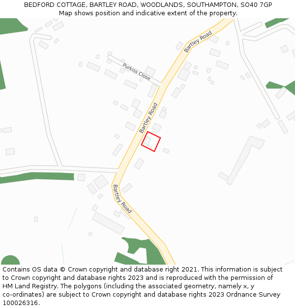 BEDFORD COTTAGE, BARTLEY ROAD, WOODLANDS, SOUTHAMPTON, SO40 7GP: Location map and indicative extent of plot