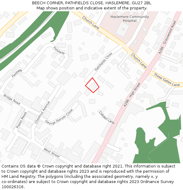 BEECH CORNER, PATHFIELDS CLOSE, HASLEMERE, GU27 2BL: Location map and indicative extent of plot