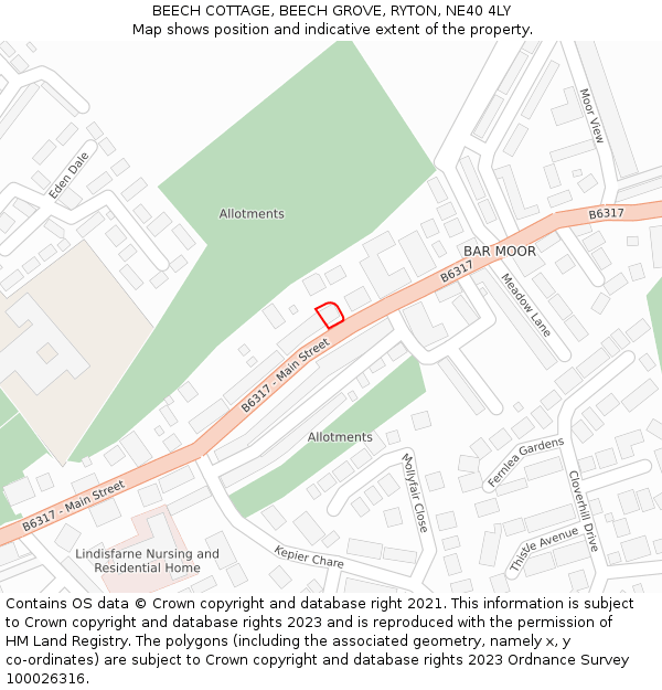 BEECH COTTAGE, BEECH GROVE, RYTON, NE40 4LY: Location map and indicative extent of plot