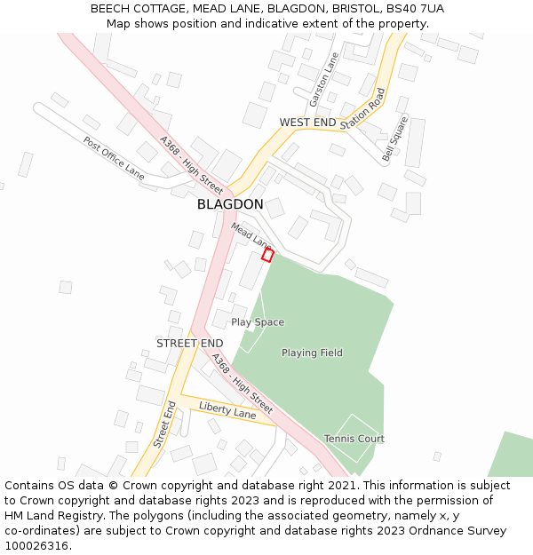 BEECH COTTAGE, MEAD LANE, BLAGDON, BRISTOL, BS40 7UA: Location map and indicative extent of plot