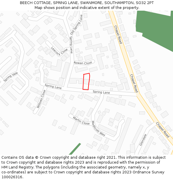 BEECH COTTAGE, SPRING LANE, SWANMORE, SOUTHAMPTON, SO32 2PT: Location map and indicative extent of plot