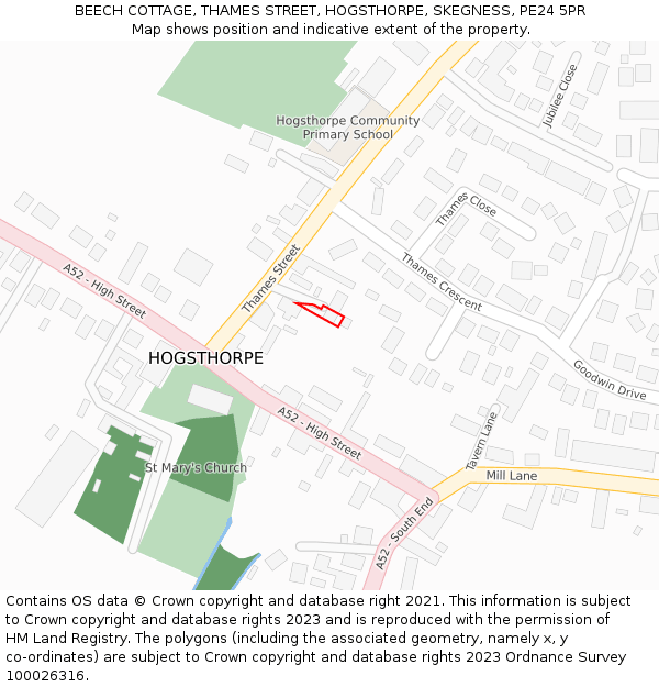 BEECH COTTAGE, THAMES STREET, HOGSTHORPE, SKEGNESS, PE24 5PR: Location map and indicative extent of plot