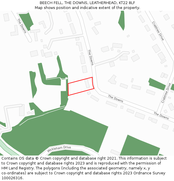 BEECH FELL, THE DOWNS, LEATHERHEAD, KT22 8LF: Location map and indicative extent of plot