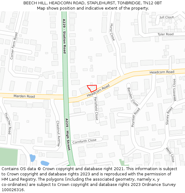 BEECH HILL, HEADCORN ROAD, STAPLEHURST, TONBRIDGE, TN12 0BT: Location map and indicative extent of plot