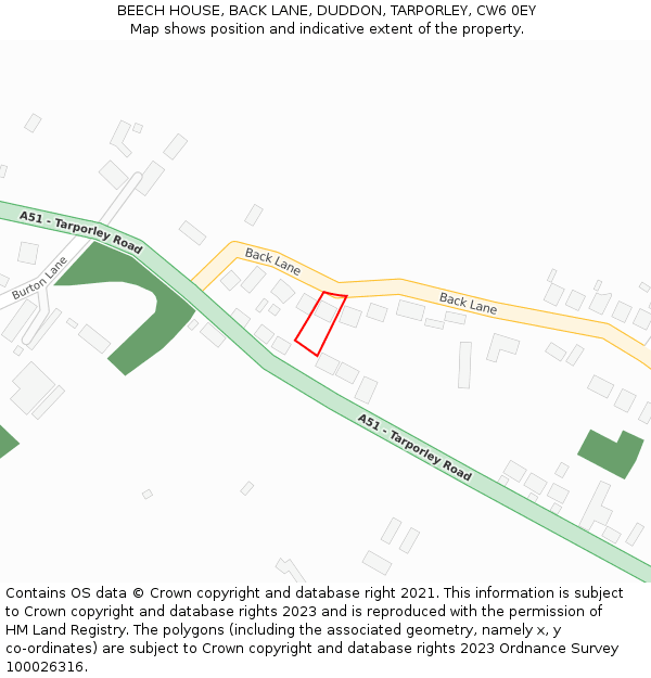 BEECH HOUSE, BACK LANE, DUDDON, TARPORLEY, CW6 0EY: Location map and indicative extent of plot