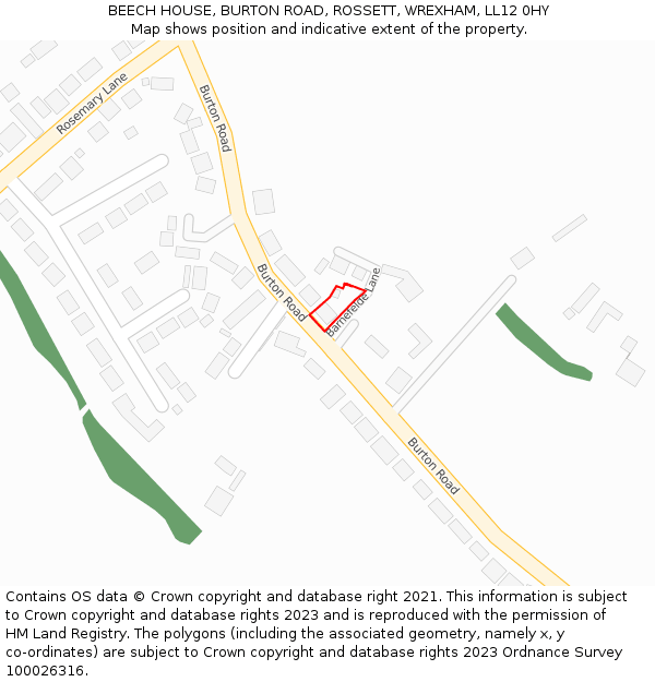 BEECH HOUSE, BURTON ROAD, ROSSETT, WREXHAM, LL12 0HY: Location map and indicative extent of plot